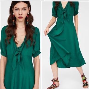 Zara emerald green linen midi dress with front tie